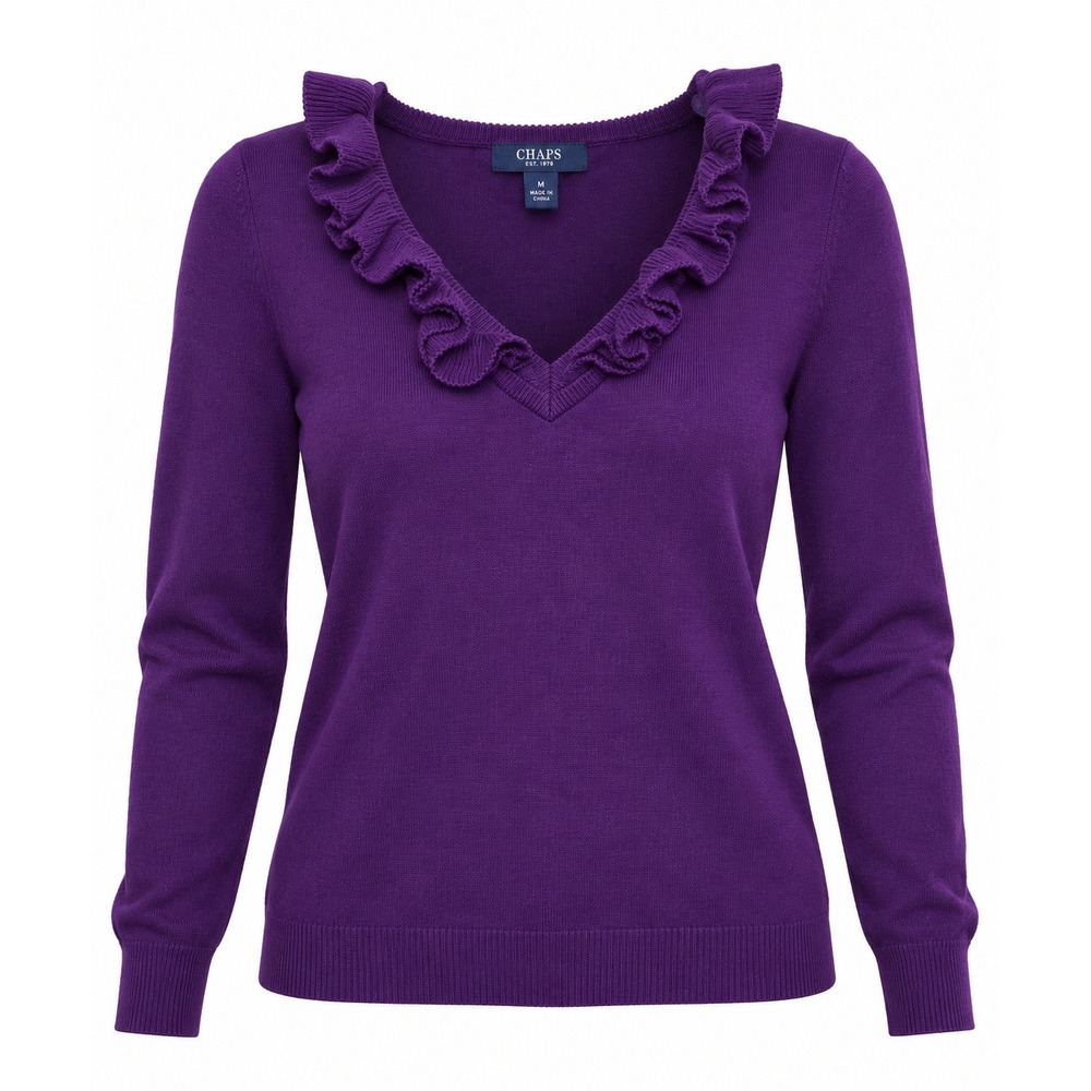 Chaps Women 1X Purple Ruffle V-Neck Cotton Blend Long Sleeve Knit Sweater